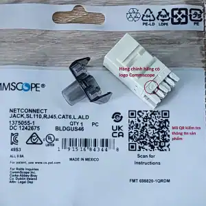 Ổ cắm mạng cat6 Commscope 1375055-1 chính hãng có logo in trên sản phẩm, bao bì có mã QR để kiểm tra thông tin sản phẩm