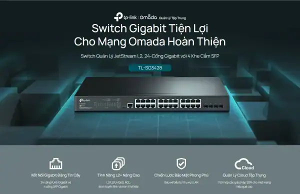 Switch Quản Lý JetStream L2, 24-Cổng Gigabit với 4 Khe cắm SFP