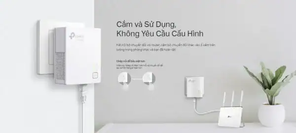 TL-PA7017-kit Cắm và Sử Dụng, Không Yêu Cầu Cấu Hình Kết nối bộ chuyển đổi với router, cắm bộ chuyển đổi khác vào ổ cắm trên tường trong phòng khác và bạn đã hoàn tất!