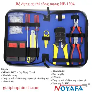 Bộ dụng cụ thi công mạng NF-1304 gồm: - NF-468 : Bộ Test Dây Mạng, Thoại - Kềm bấm mạng - Dụng cụ tuốt vỏ dây mạng, cáp thoại, cáp đồng trục - Kềm cắt dây - Kềm tuốt dây - Dao rọc giấy - 2 Tua vít - Dụng cụ tuốt vỏ dây mạng, cáp thoại. - Hạt mạng 5e RJ45