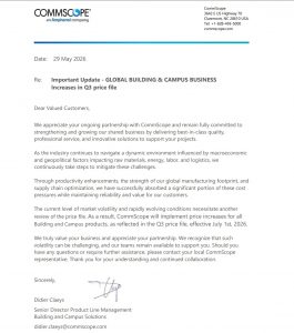 thông báo tăng giá CommScope chính thức đến Quý khách hàng, Quý đại lý và Đối tác đang sử dụng giải pháp cáp mạng và phụ kiện mạng chính hãng.