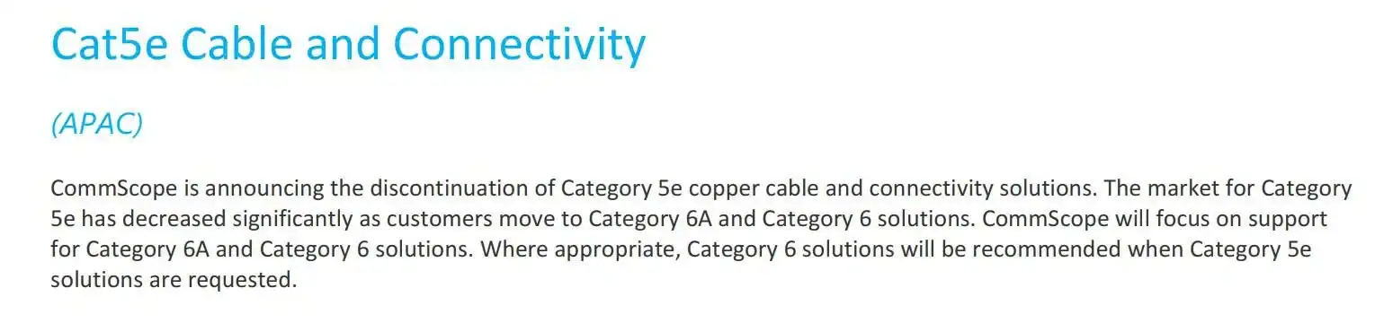 Thông báo chính thức CommScope ngừng sản xuất Cat5e tại APAC